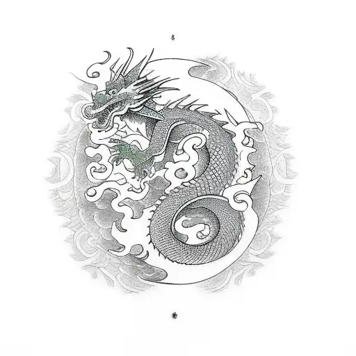 Dragon With Red Sun Behind It