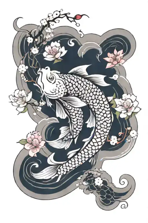 Koi Fish Swimming Upstream Surrounded By Water Dragon And Cherry Blossom