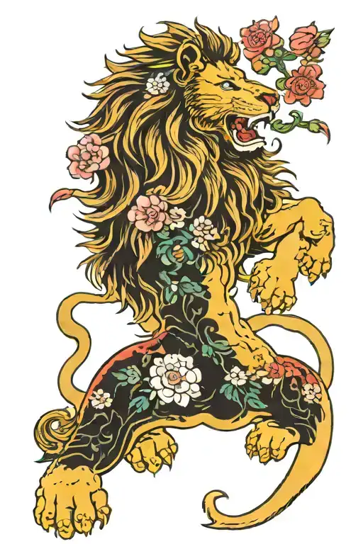 Lion Protecting Three Flowers With Its Pawn