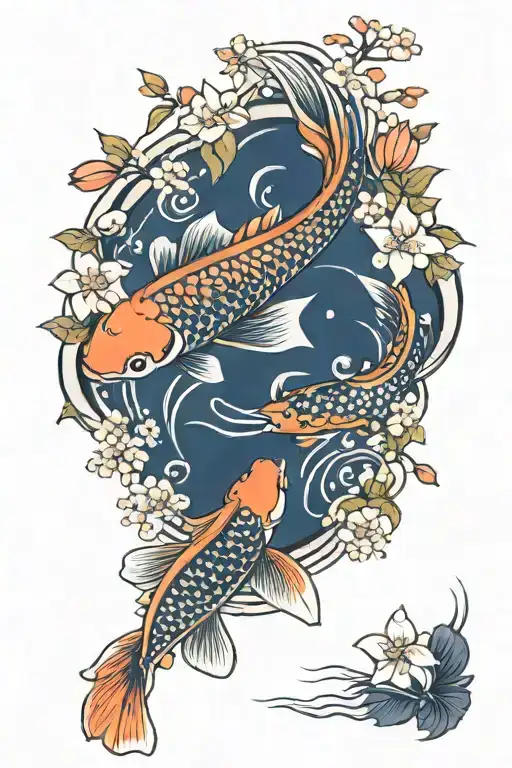 Multiple Orange Koi Fish Swimming Downstream With Water Lilys And Cherry Blossom