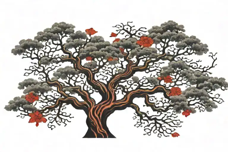Tree Of Life Wrapped Around Red Japanese Style Ink