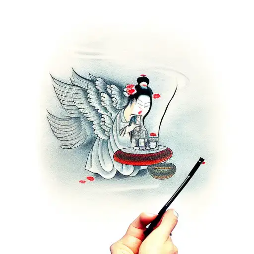 An Angel Smoking A Cigarette And Drinking Wine