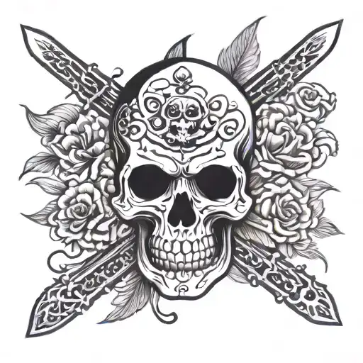 Spade Outline With Skull And Daggers