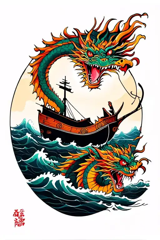 Dragon And Ship Sailing Towards