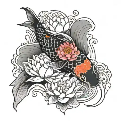 Koi Fish Swimming Upstream With Lotus Flower