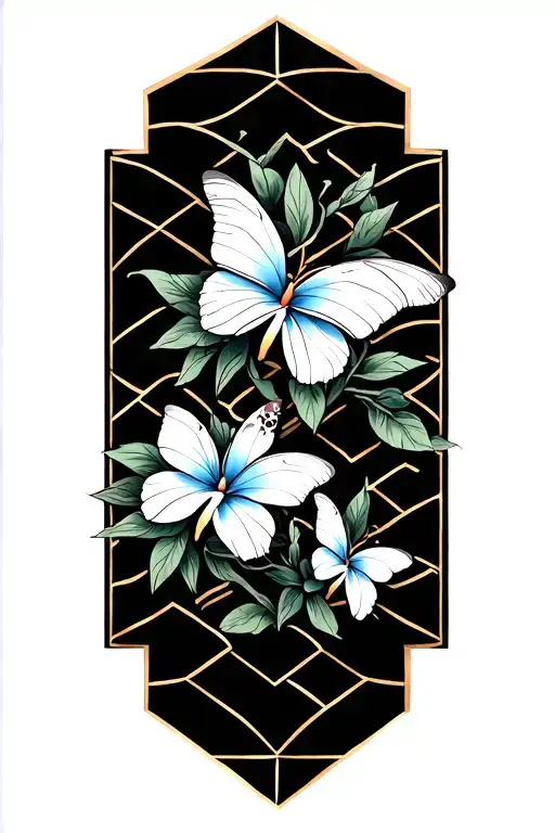 Geometric Pattern With Butterflies And Plumerias