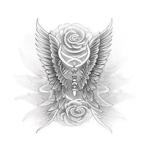 Back Tattoo Of Wings With A Dagger On The Spine
