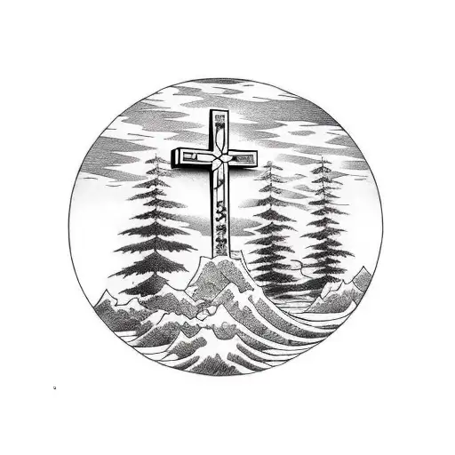Christian Cross In Nature With Trees And Water And Fauna
