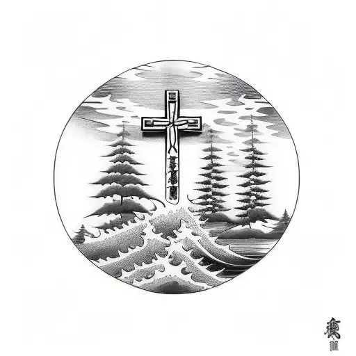 Christian Cross In Nature With Trees And Water And Fauna