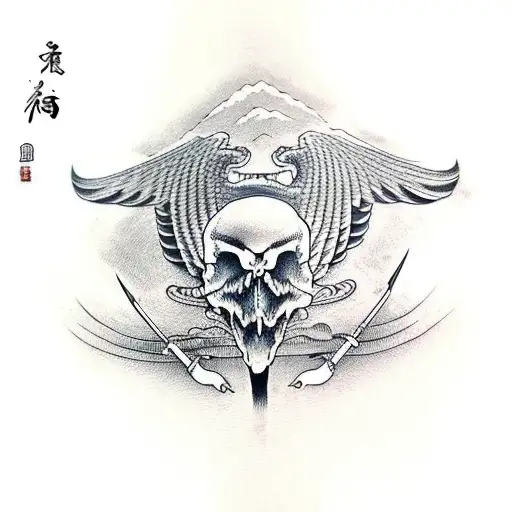 Eagle Hunting Snake With Human Skull And Sword
