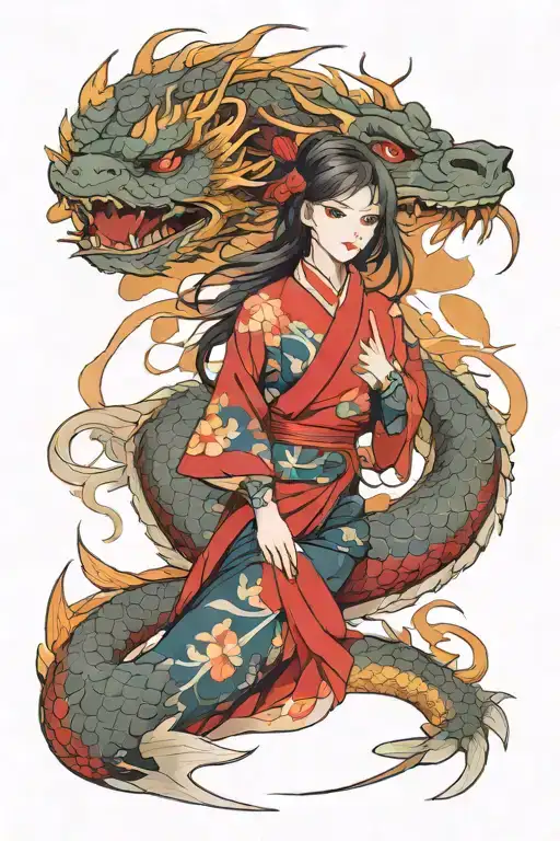 Anime Girl Wearing Traditional Vietnamese Ao Dai Wrapped Up By A Dragon