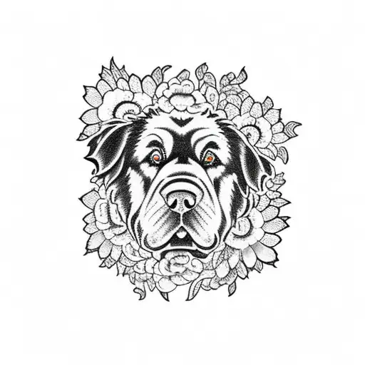 Newfoundland Dog Simple Side Body Profile Surrounded By Flowers And Lace