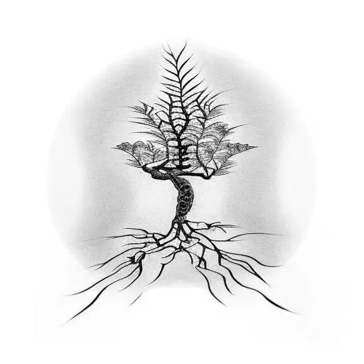 A Realistic Black And White Tattoo Of A Japanese Maple Tree With A Hidden Mantis