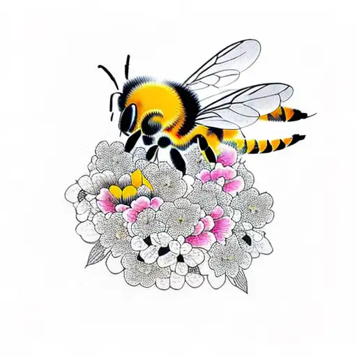 A New-school Design Of A Bee Wearing A Kimono Surrounded By Colorful Botanic Patterns