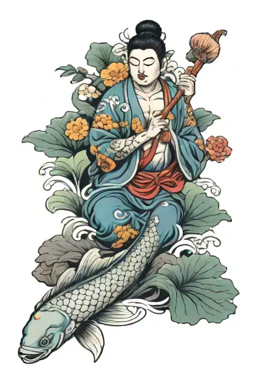 Buda Con Fondo Japones Y Koi Fish Swimming
