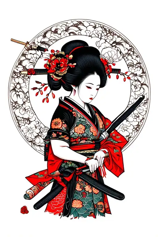 Related Geisha With Katana And Japanese Samurai
