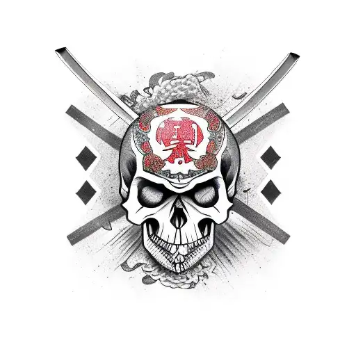 Katana Stabbed Through A Skull With Japanese Letters On The Blade