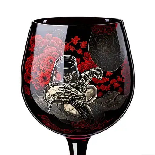 Robotic Mirror Reflecting Black Glass Of Wine