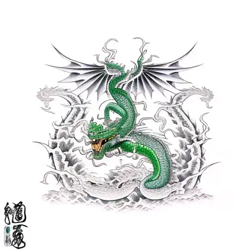 Green Dragon With Color And A Katana With Lots Of Background Detail