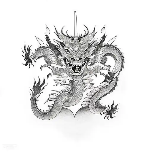 Dragon And 2 Demons With 1 Horn Each One Black One White
