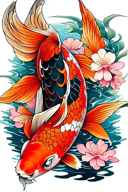 Koi Fish Swimming With Floating Cherry Blossoms