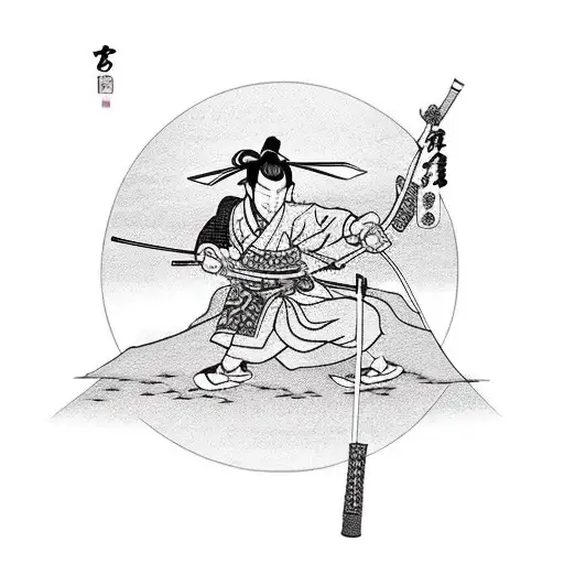 Samurai With Straw Hat And Bow And Arrow Weapon Next To Cherry Blossom And Lake