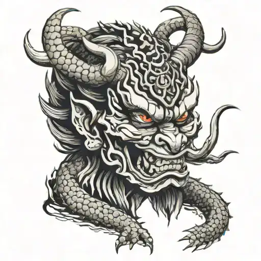 Japanese Oni Mask Split In Half With A Dragon Wrapped