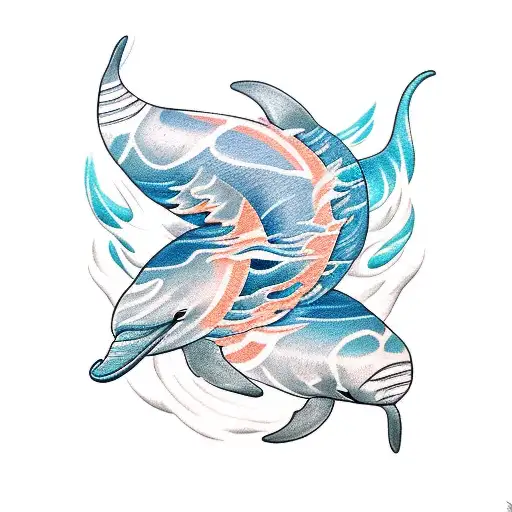 Six Dolphins In Sunset