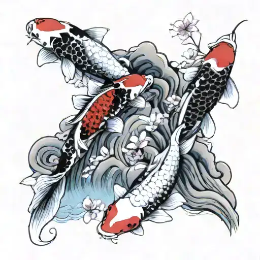 3 Koi In Pond With Waterfall And Cherry Blossoms