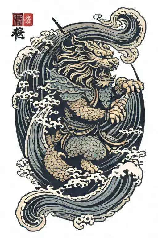 Samurai Lion With Big Wave Merging