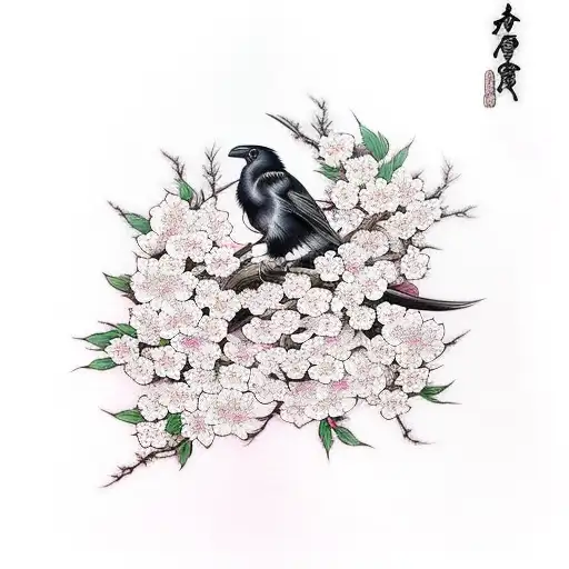 Cherry Blossom With Raven