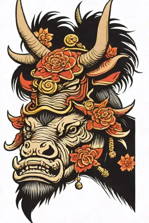 Chinese Ox Wearing Japanese Samurai Helmet Adorned