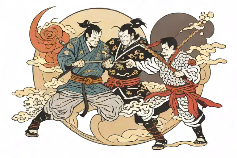 Samurai Fighting A Ninja At Night Sky
