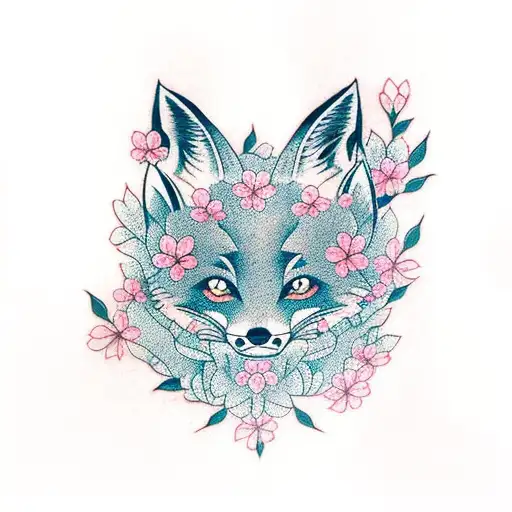 Aggressive Looming Fox Face With Cherry Blossoms
