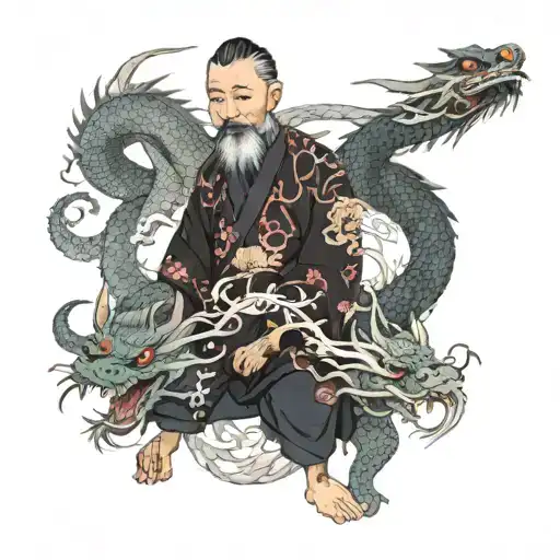 Asian Teacher With White Beard And 2 Dragons
