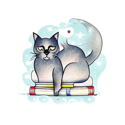 A Black Cat Sitting On A Stack Of Books With A Starry Sky As The Backdrop
