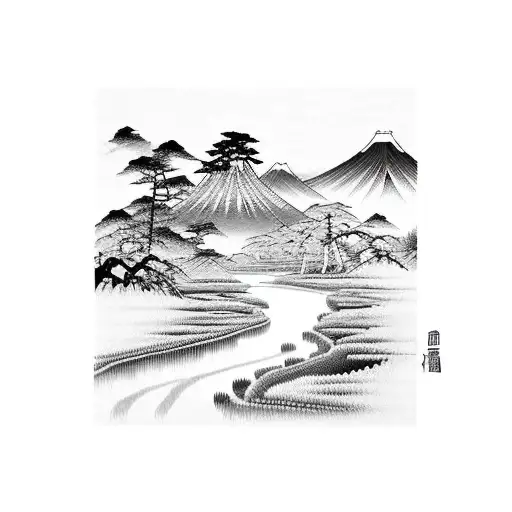 Traditional Japanese Landscape Ink Painting With Rice Fields And River And Forest