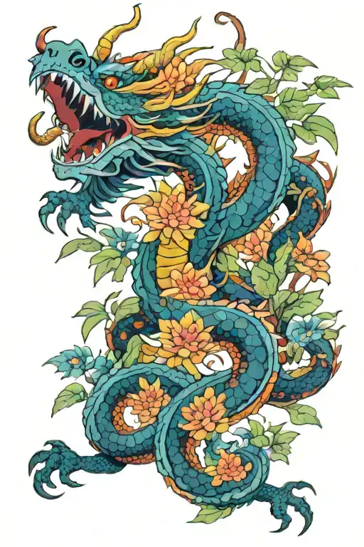 Dragon With Vines And Flowers Growing In Bright Colors