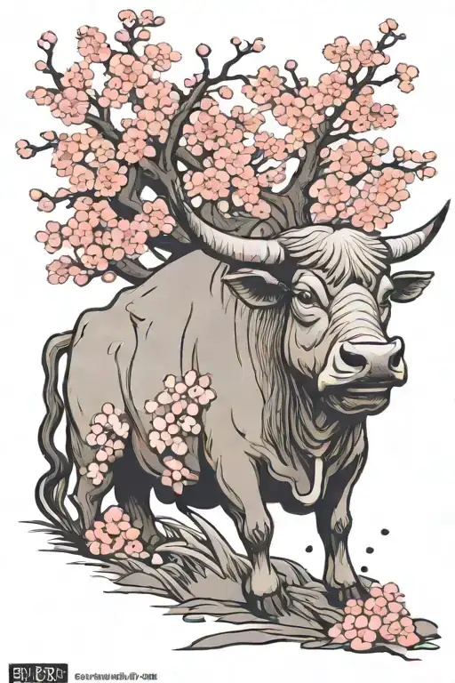 Chinese Ox Under A Sakura Tree