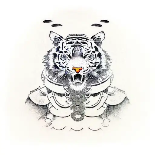 Tiger Wearing Samurai Helmet With Rat Sitting On Tigers Head