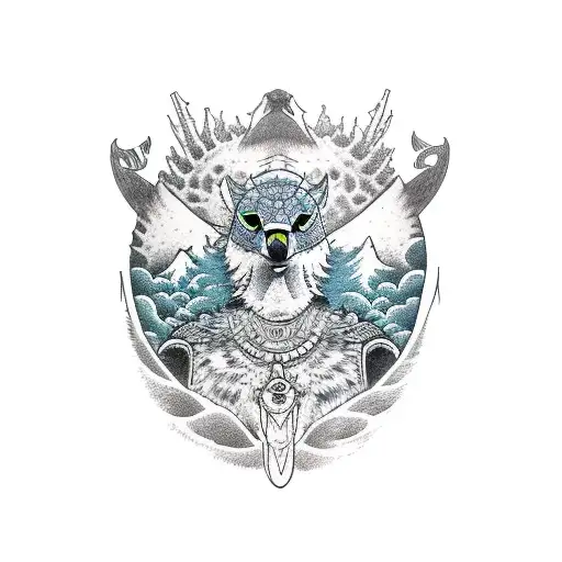 Full Back Sleeve Of A Peregrine Falcon With A Wolf And A Whale Individualy