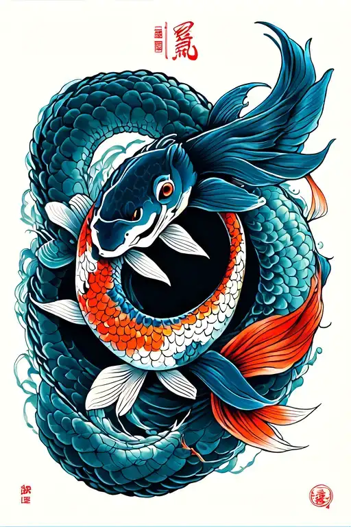 Pisces Koi Fish With Year Of The Snake Intertwined