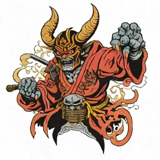 Samurai With A Busted Oni Mask And Devil Wings With Swords In Hands