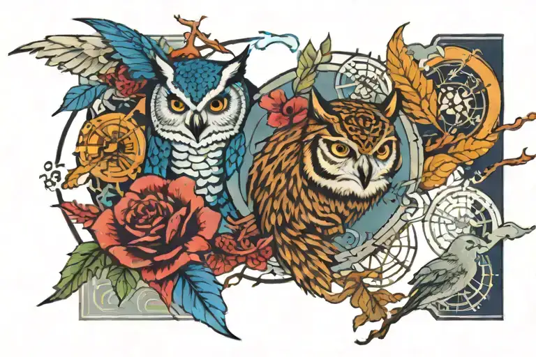 Owl Compass Thunderstorm Lightning Bear Elephant Leaves Wolf Tiger Blue Jay