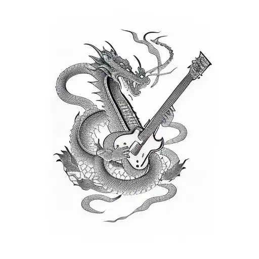 A Realistic Portrait Of A Dragon Playing A Guitar With A Backdrop Of A Japanese Temple