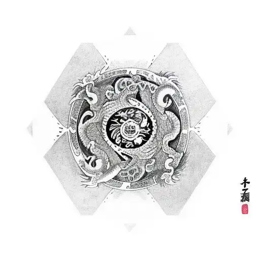 Dragon With Yin Yang And Symbols