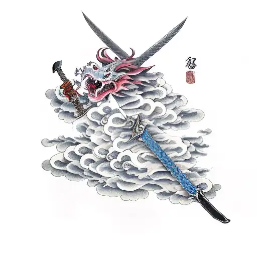 Adragon And Sword With Akatsuki Cloud Patterns In The Land Of The Rising Sun