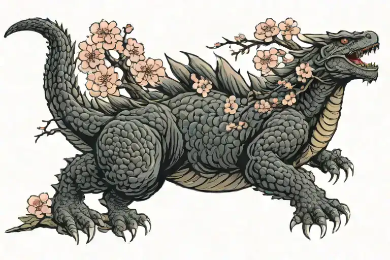 Godzilla And Cherry Blossoms Falling
