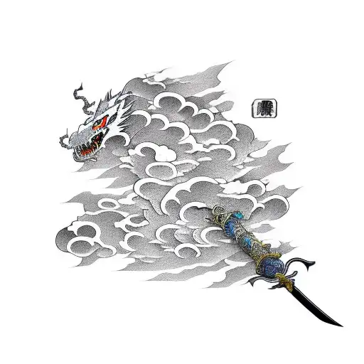 Adragon And Sword With Akatsuki Cloud Patterns In The Land Of The Rising Sun