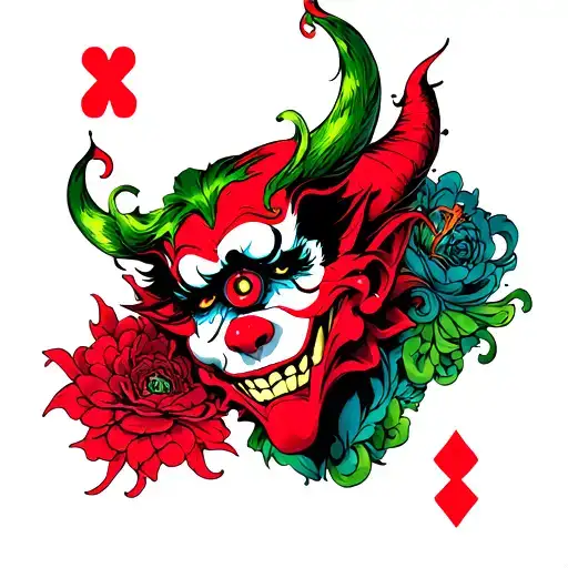 Red Demon Joker And One Eye Looking And Card Symbols Incorporated